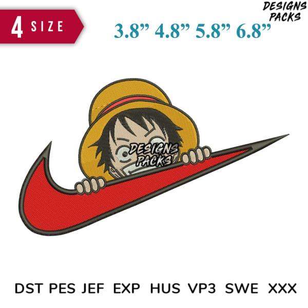 Embroidery design of anime character peeking from red swoosh, available in multiple sizes and formats