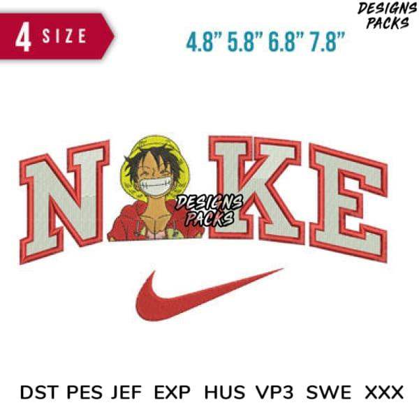Embroidery design featuring anime character with 'NOKE' text and swoosh, available in multiple sizes and formats