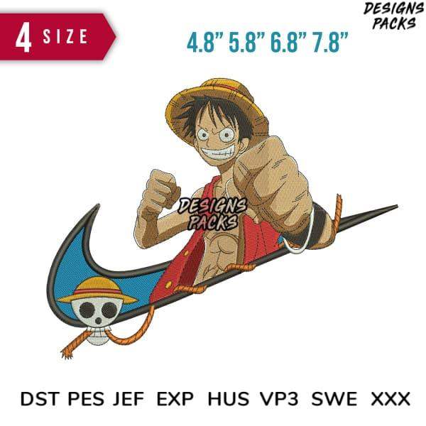 One Piece Luffy embroidery design in 4 sizes, compatible with DST PES JEF formats for instant download.