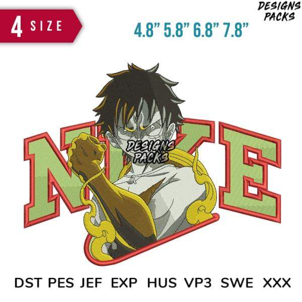 Anime character embroidery design with bold 'NIKE' lettering, available in multiple sizes and formats for instant download.