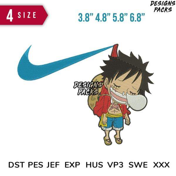 Luffy embroidery design with Nike swoosh, available in multiple sizes and formats for instant download.