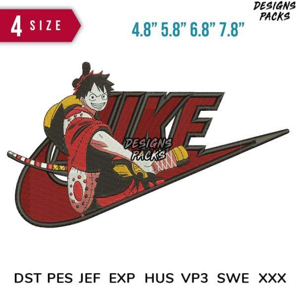 One Piece Luffy in Nike swoosh embroidery design, 4 sizes, PES DST JEF formats