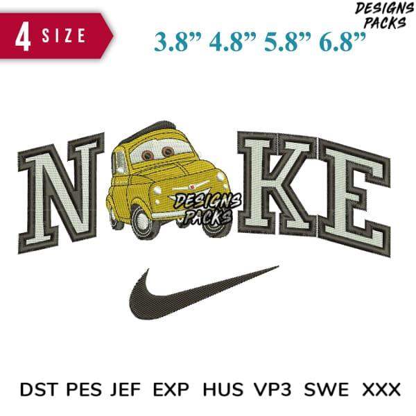 Embroidery design featuring cartoon car with 'NIKE' lettering, available in 4 sizes and multiple file formats