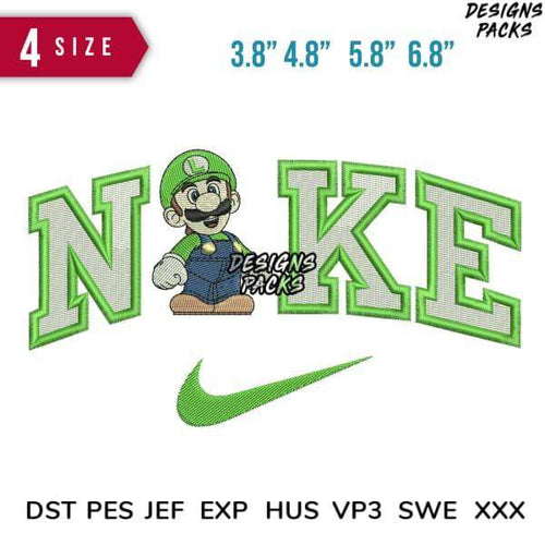 Embroidery design featuring Luigi with 'NOKE' text and Nike swoosh, available in multiple sizes and formats.