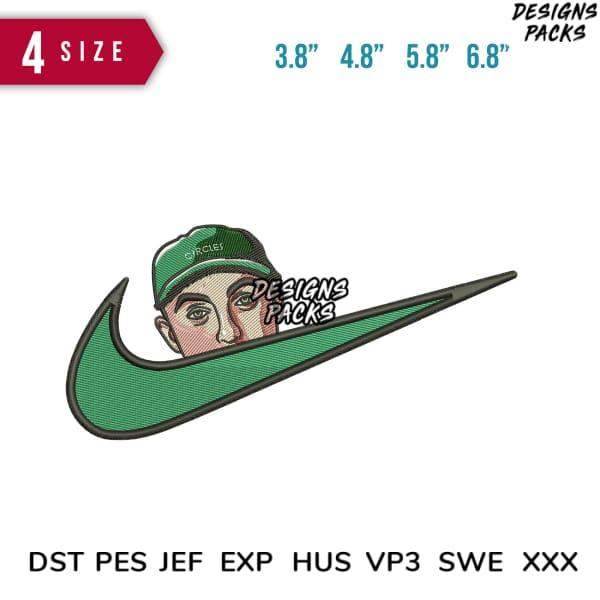 Embroidery design featuring green Nike swoosh with face, available in 4 sizes & multiple formats