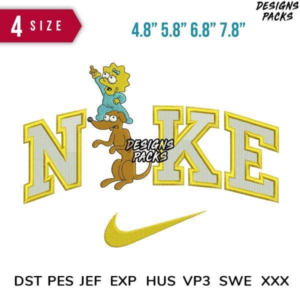 Embroidery design featuring Lisa Simpson and dog on 'NIKE' text with Nike swoosh, available in multiple sizes and formats.