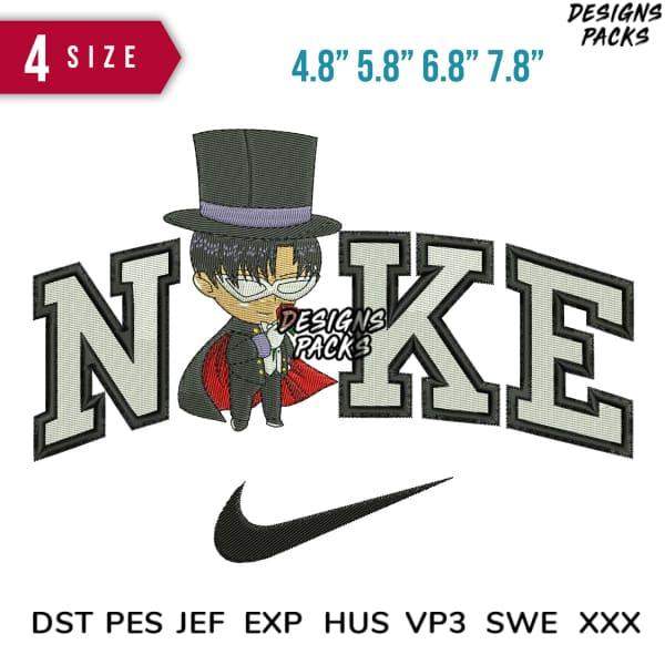 Embroidery design featuring chibi character in top hat with 'NAKE' lettering, Nike swoosh, 4 sizes, DST PES formats