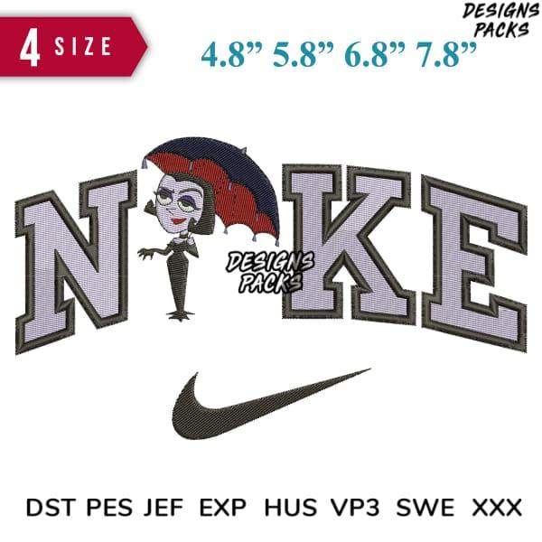 Embroidery design with 'NIKE' text, cartoon character, and swoosh logo in multiple sizes and formats
