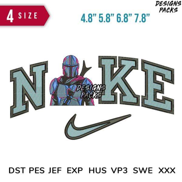 Embroidery design featuring 'NIKE' text with Mandalorian character, available in multiple sizes and formats