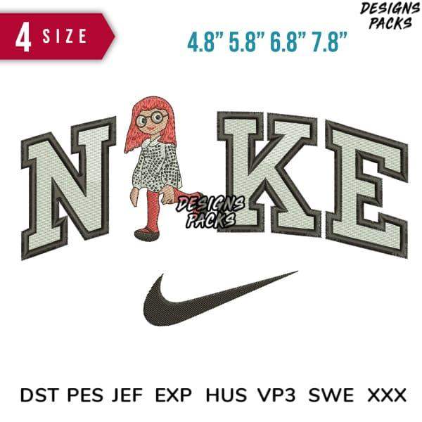 Embroidery design with cartoon girl and Nike-style lettering, available in DST PES JEF formats for instant download