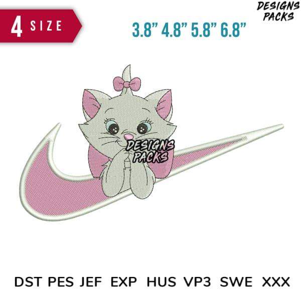 Cute cat embroidery design in pink Nike swoosh, 4 sizes, PES DST formats for instant download