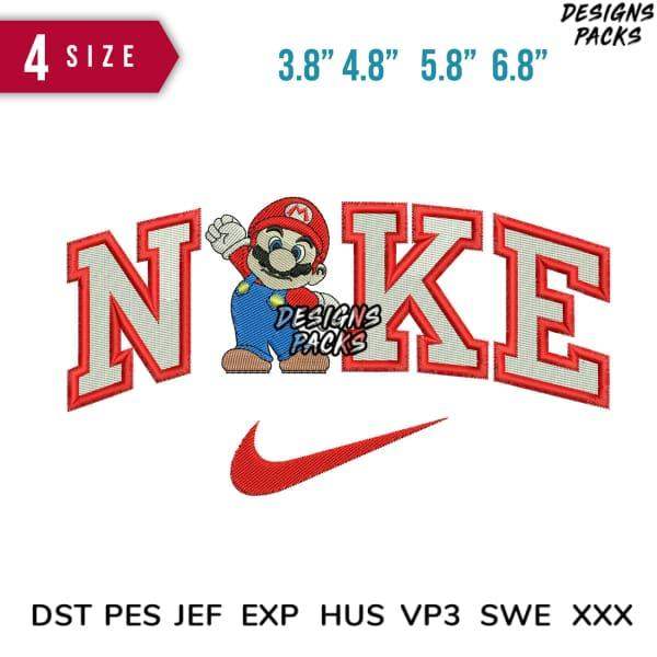 Mario embroidery design with Nike-style lettering, 4 sizes, DST PES JEF formats for instant download