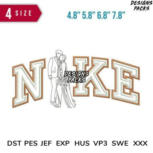 Embroidery design with 'NIKE' text and couple silhouette, available in multiple sizes and formats