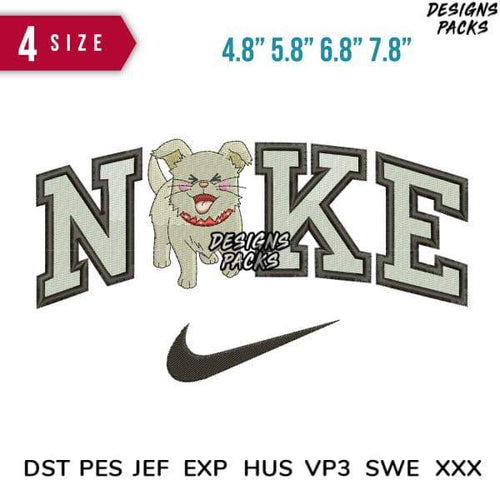 Embroidery design with angry cat and 'NOKE' text in 4 sizes, compatible with DST PES JEF formats