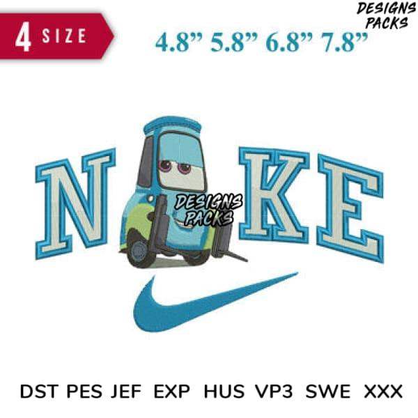 Cute forklift design with Nike-style text and swoosh, available in multiple sizes and embroidery formats.