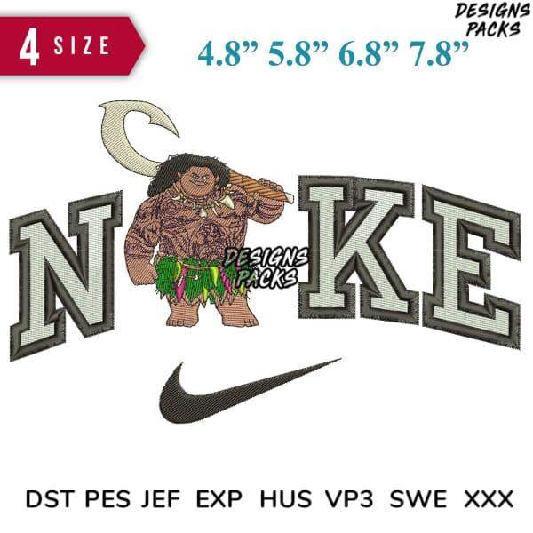 Embroidery design featuring Moana character with 'NIKE' text, available in multiple sizes and formats