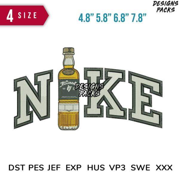 Embroidery design featuring 'NIKE' with whiskey bottle, available in multiple sizes and formats.