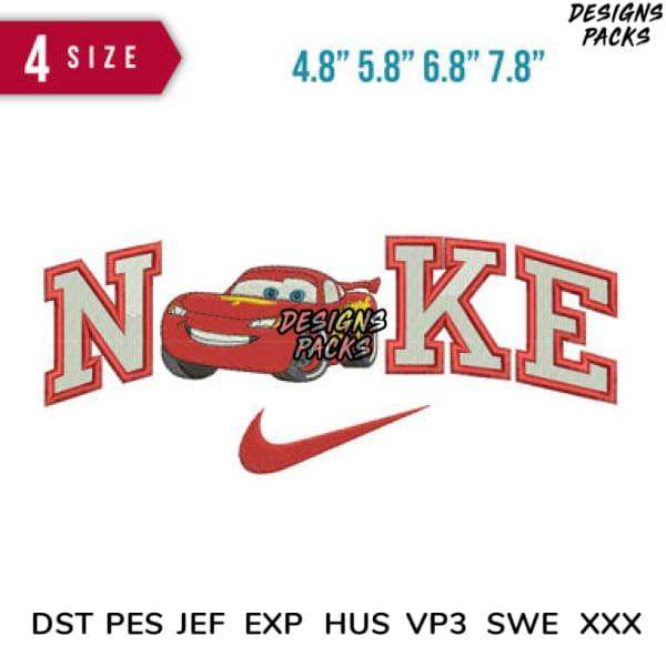 Embroidery design featuring Lightning McQueen with 'NIKE' text and swoosh, available in multiple sizes and formats