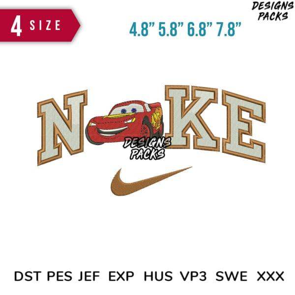 Lightning McQueen embroidery design with Nike-style lettering, available in 4 sizes and multiple file formats.