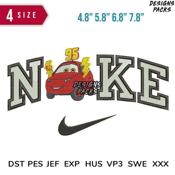 Embroidery design featuring Lightning McQueen with 'NOKE' text and Nike swoosh, available in multiple sizes and formats