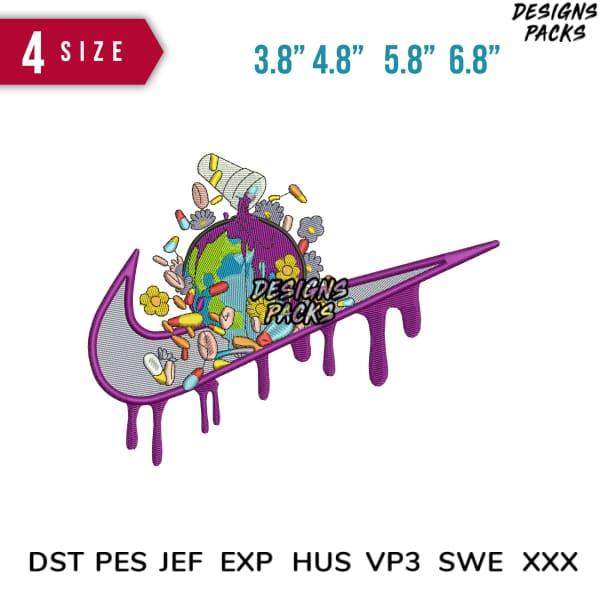 Embroidery design featuring dripping Nike-style swoosh with globe, pills, flowers; available in PES, DST, EXP formats