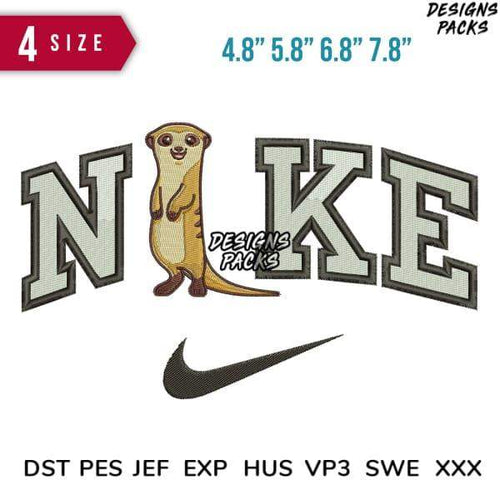 Embroidery design featuring a meerkat with Nike-style lettering, available in multiple sizes and formats.