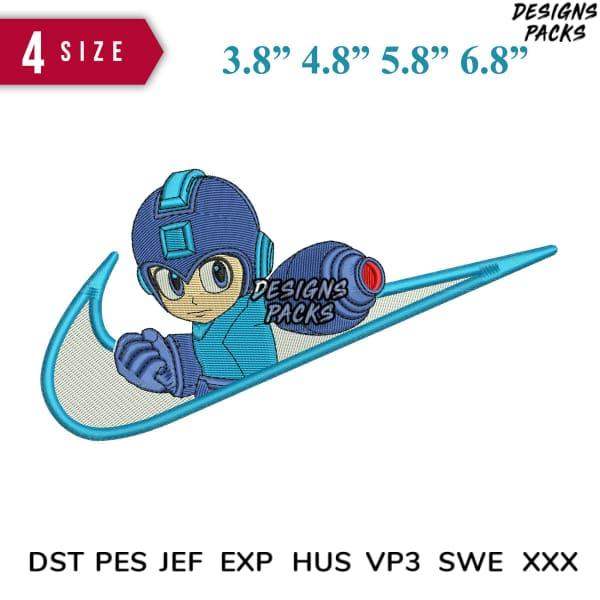 Mega Man embroidery design in Nike swoosh, 4 sizes, DST PES JEF formats for instant download