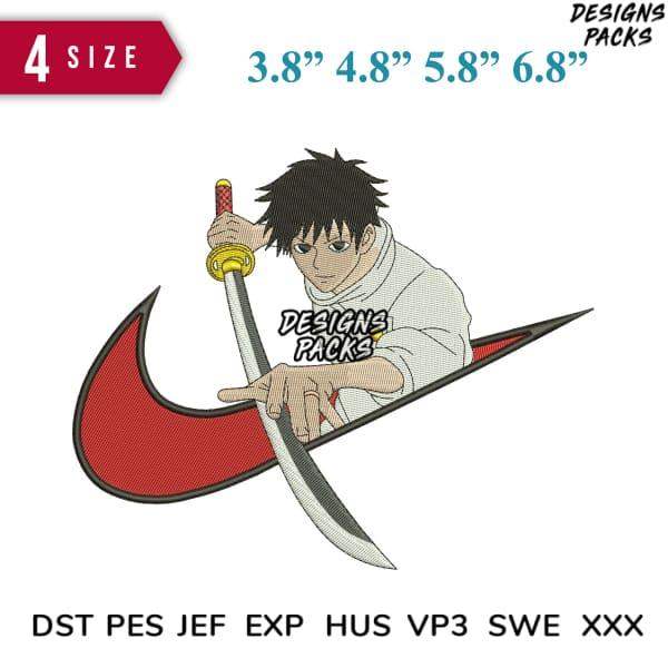 Anime character holding sword with red swoosh, embroidery design in DST PES formats, 4 sizes available