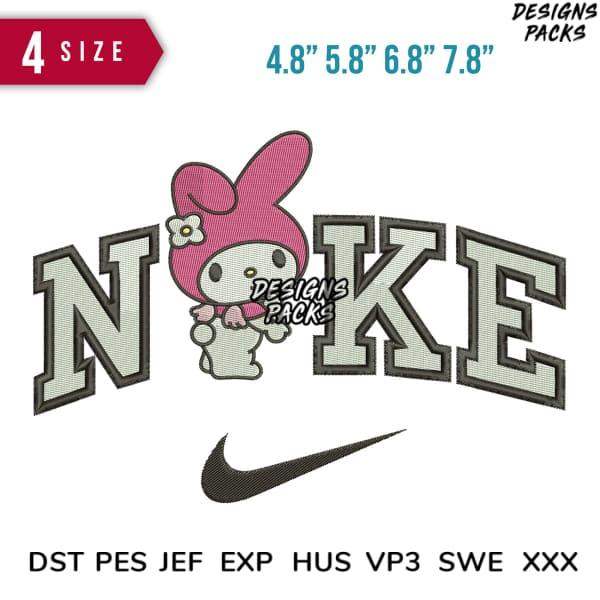 Cute My Melody embroidery design with 'NIKE' lettering, 4 sizes, DST PES formats for instant download