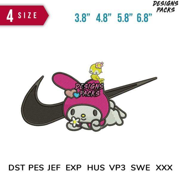 My Melody embroidery design with Nike swoosh, 4 sizes, DST PES formats for instant download