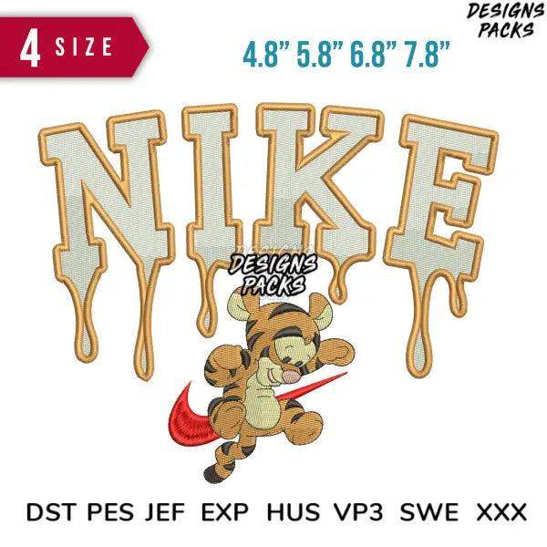Embroidery design featuring dripping Nike logo with Tigger character, available in multiple sizes and formats.