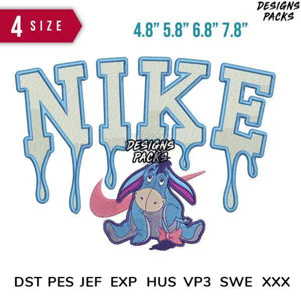 Embroidery design featuring dripping Nike text with Eeyore, available in multiple sizes and formats.