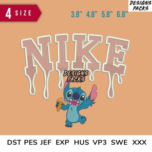 Stitch holding ice cream under dripping Nike logo, embroidery design in 4 sizes, DST PES formats