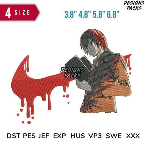 Anime character reading book with red splatter, embroidery design in DST PES formats