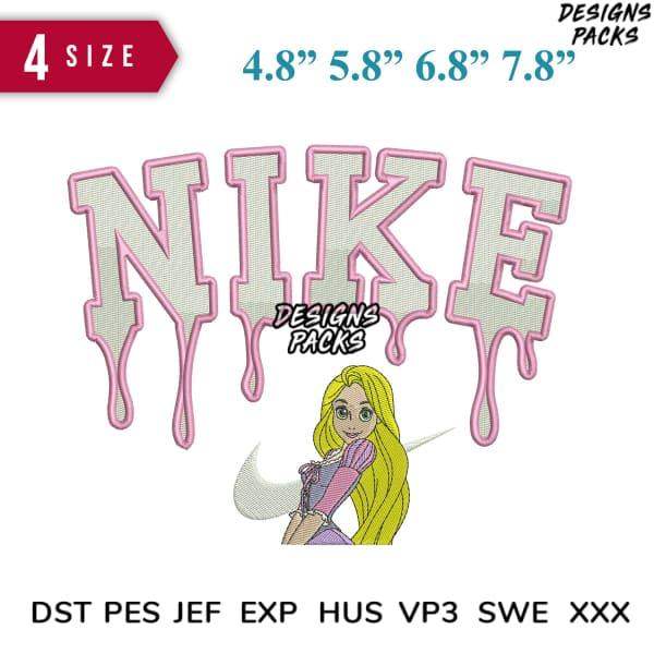 Pink dripping Nike logo with princess, embroidery designs in DST PES formats