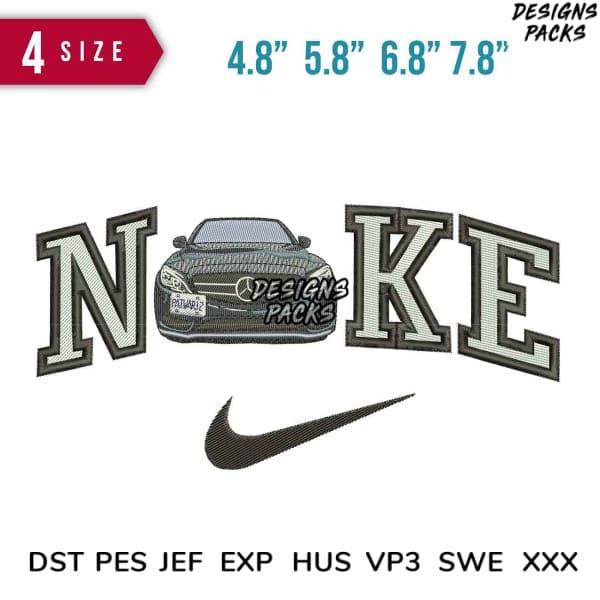 Embroidery design featuring 'NOKE' with car graphic and Nike swoosh, available in 4 sizes and multiple formats