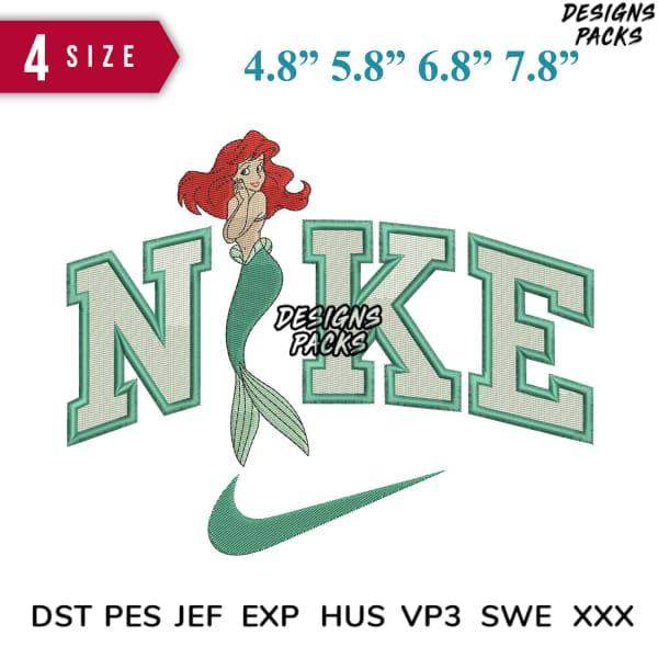Mermaid embroidery design with Nike-style lettering, 4 sizes, DST PES JEF formats