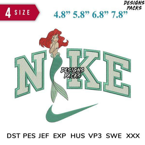 Mermaid embroidery design with Nike-style lettering, 4 sizes, DST PES JEF formats