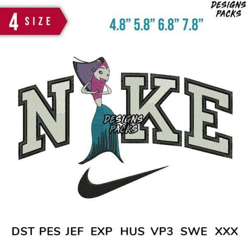 Mermaid-themed Nike parody embroidery design in 4 sizes, PES DST formats for instant download