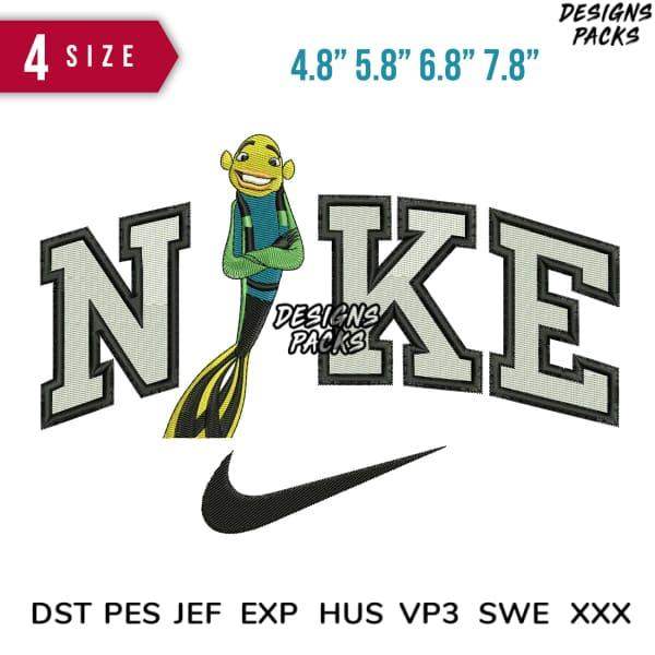 Embroidery design featuring cartoon character with Nike-style text and swoosh, available in multiple sizes and formats