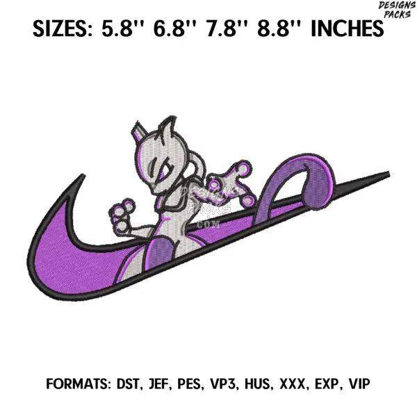 Nike Mewtwo Embroidery Design File, Pokemon Anime Embroidery Design, Nike and Mewtwo Anime Pes Design Brother