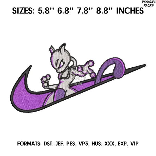 Nike Mewtwo Embroidery Design File, Pokemon Anime Embroidery Design, Nike and Mewtwo Anime Pes Design Brother
