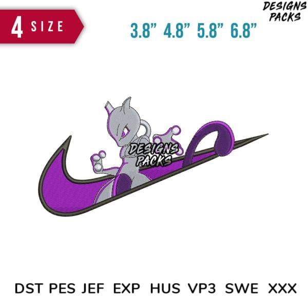 Purple Nike swoosh embroidery design with Mewtwo, 4 sizes, DST PES JEF formats, print-ready for apparel