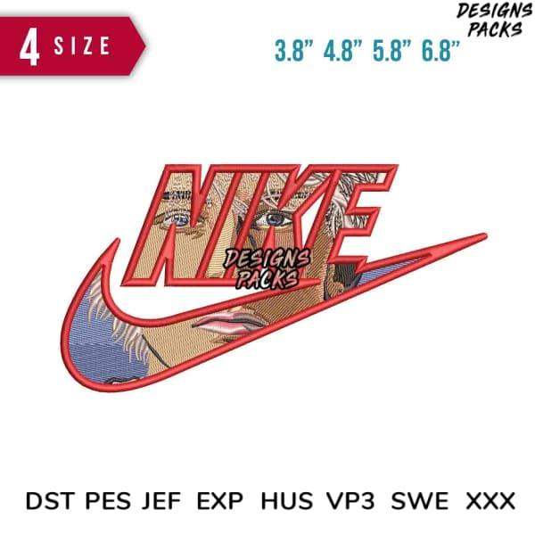 Embroidery design featuring Nike Swoosh with face art, available in 4 sizes and multiple file formats