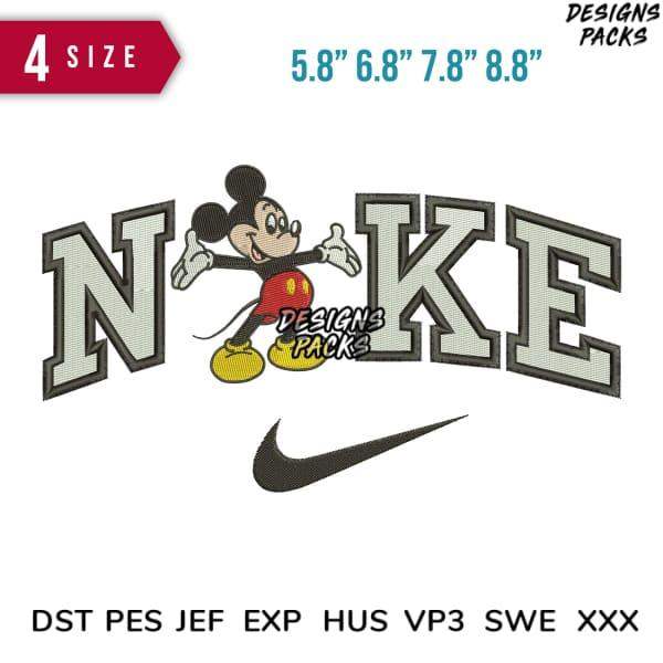 Mickey Mouse in Nike-themed embroidery design with 4 sizes, compatible with DST, PES, JEF formats