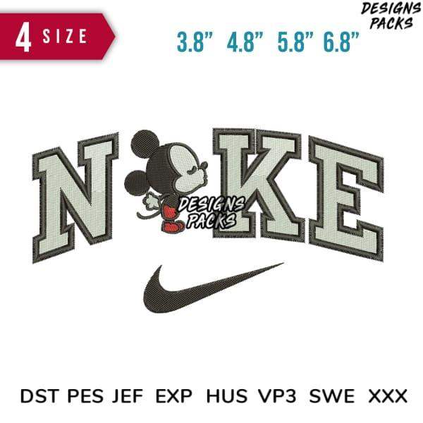 Embroidery design featuring Mickey Mouse with 'NIKE' text and swoosh, available in multiple sizes and formats