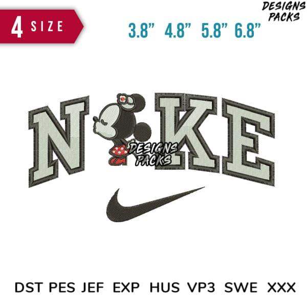 Embroidery design featuring Mickey Mouse in Nike logo, 4 sizes, PES DST formats
