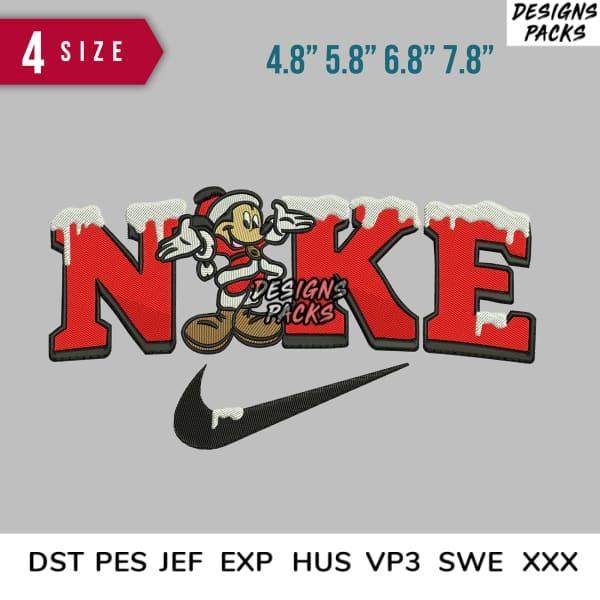 Christmas Mickey Mouse in Santa hat on red 'NOKE' text with snow, Nike swoosh, embroidery design sizes 4.8”-7.8”
