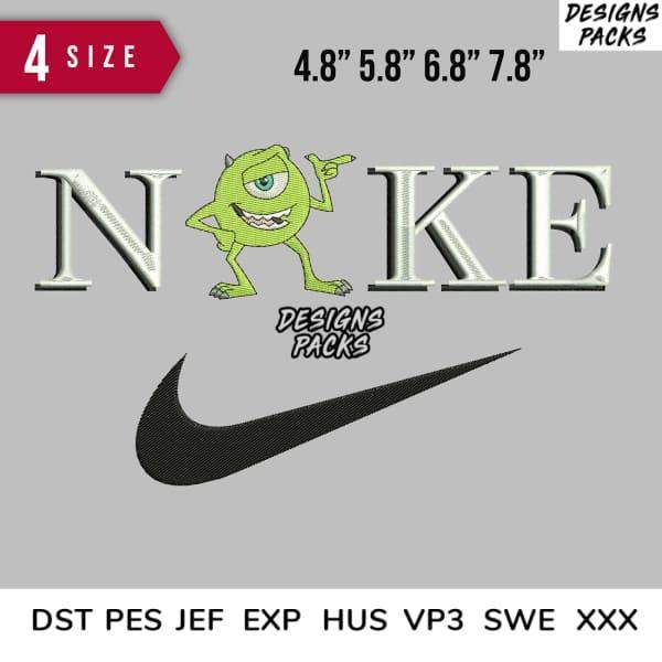 Embroidery design featuring Mike Wazowski from Monsters Inc. with 'NIKE' text and swoosh, available in multiple sizes and formats.