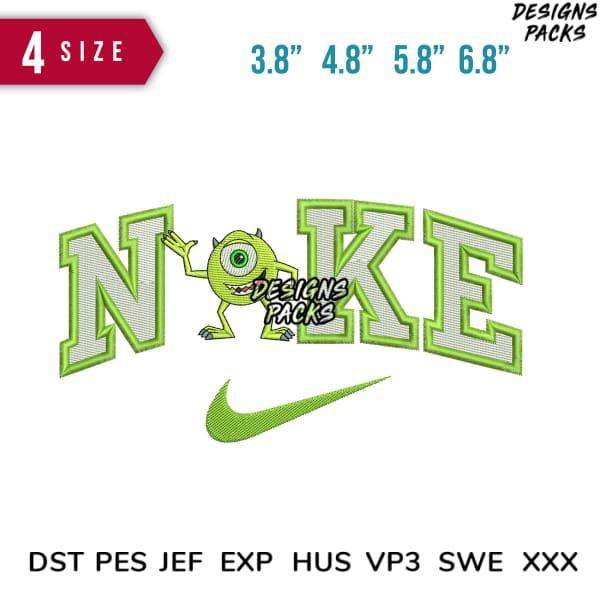 Green monster embroidery design with Nike-style text and swoosh, available in multiple sizes and formats